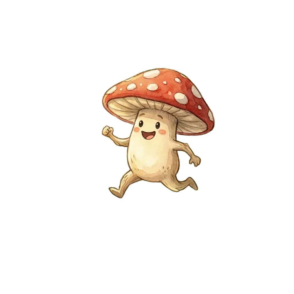 A cheerful toadstool mushroom character running